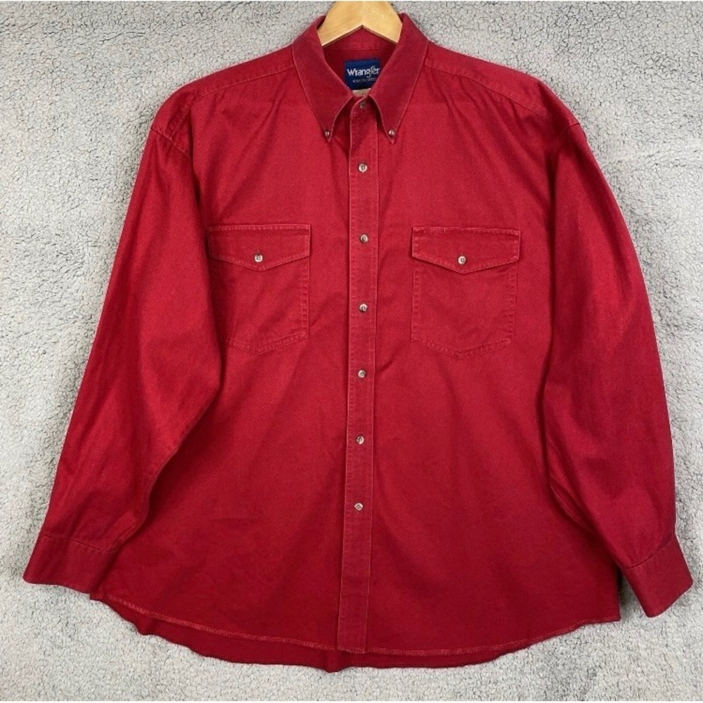 VTG Wrangler Shirt Men Red 36x185 Big Tall Cotton Workwear Long Sleeve Western